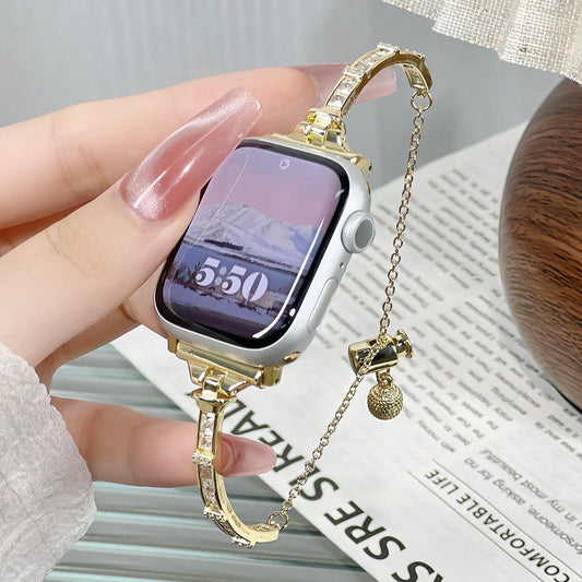 Luxury Metal Chain Watch Strap with Sparkling Crystals